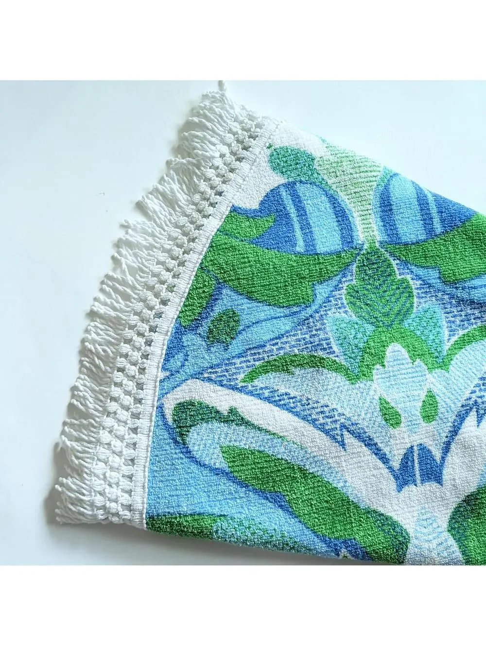 Vintage Round Terry Cloth Tablecloth with Groovy Print and Fringed Edge